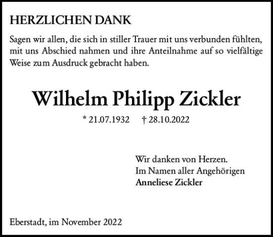 Traueranzeige von Wilhelm Philipp Zickler von vrm-trauer Darmstädter Echo
