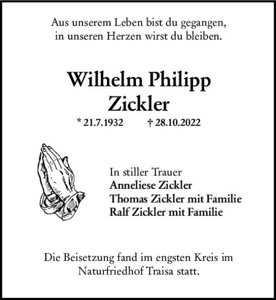 Traueranzeige von Wilhelm Philipp Zickler von vrm-trauer Darmstädter Echo
