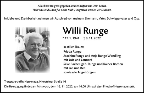 Traueranzeige von Willi Runge von vrm-trauer Groß-Gerauer Echo