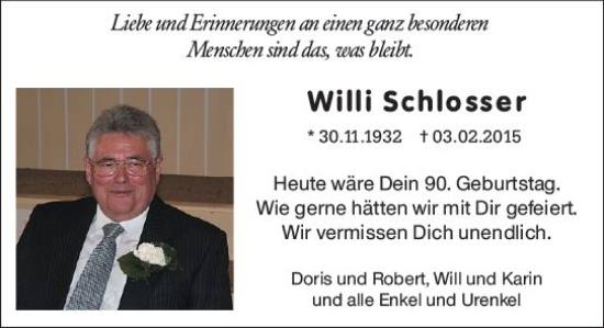 Traueranzeige von Willi Schlosser von vrm-trauer Wiesbadener Kurier
