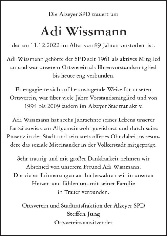 Traueranzeige von Adi Wissmann von vrm-trauer Allgemeine Zeitung Alzey