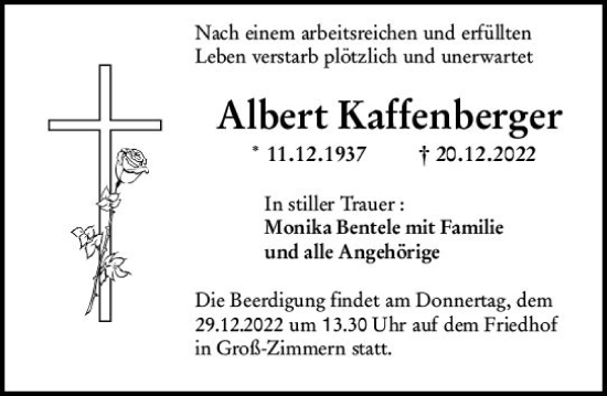 Traueranzeige von Albert Kaffenberger von vrm-trauer DieburgerAnzeiger/Groß-Zimmerner Lokala