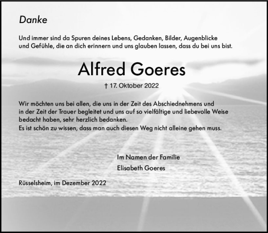 Traueranzeige von Alfred Goeres von vrm-trauer Rüsselsheimer Echo / MainSpitze