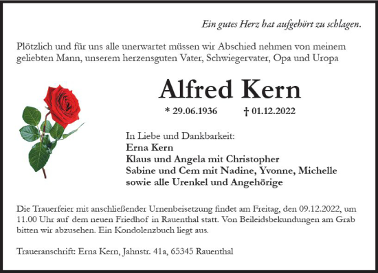 Traueranzeige von Alfred Kern von vrm-trauer Rheingau