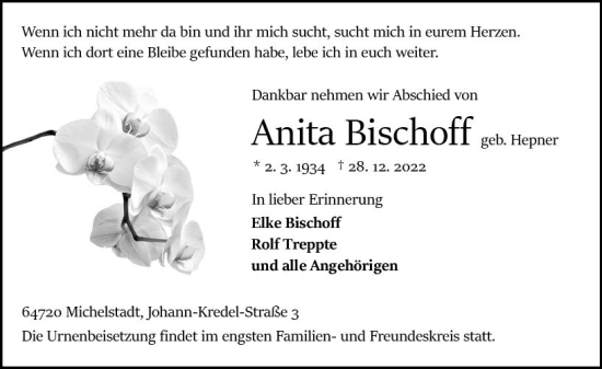 Traueranzeige von Anita Bischoff von vrm-trauer Odenwälder Echo