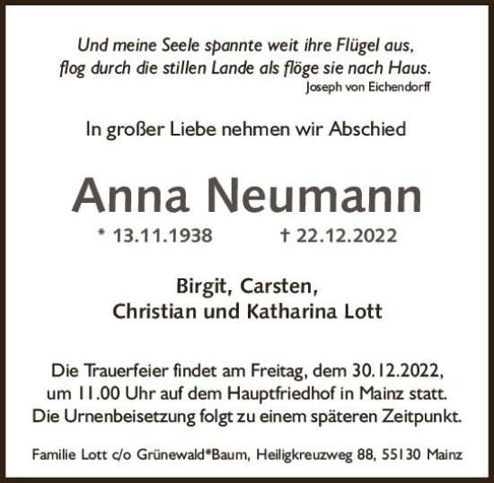 Traueranzeige von Anna Neumann von vrm-trauer AZ Mainz