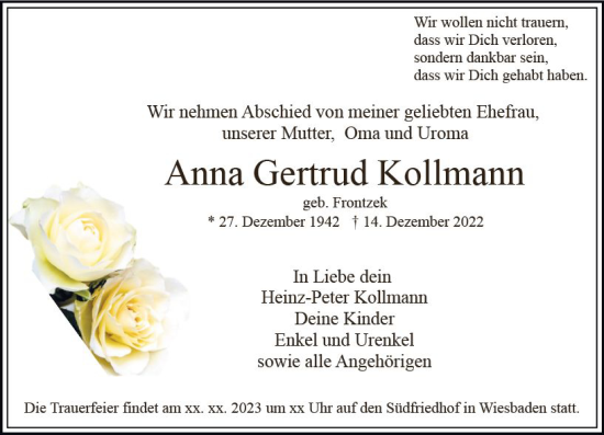Traueranzeige von Anna Gertrud Kollmann von vrm-trauer Wiesbadener Kurier