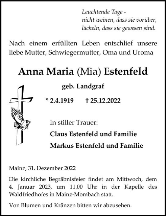 Traueranzeige von Anna Maria  Estenfeld von vrm-trauer AZ Mainz