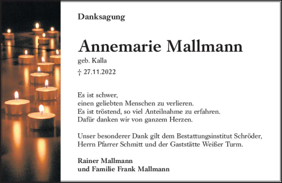 Traueranzeige von Annemarie Mallmann von vrm-trauer Wiesbadener Kurier