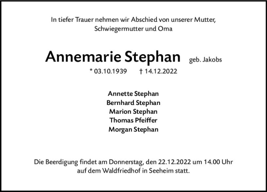 Traueranzeige von Annemarie Stephan von vrm-trauer Darmstädter Echo