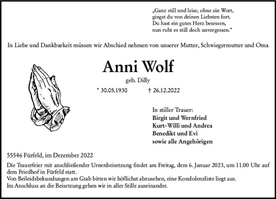 Traueranzeige von Anni Wolf von vrm-trauer Allg. Zeitung Bad Kreuznach