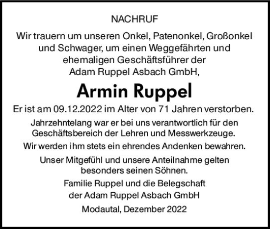 Traueranzeige von Armin Ruppel von vrm-trauer Odenwälder Echo