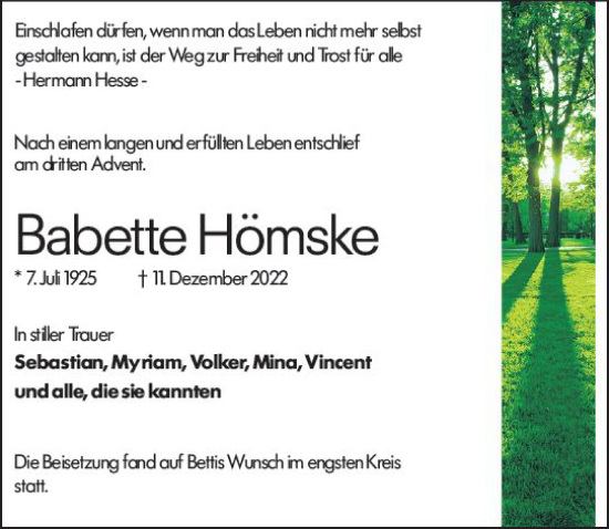Traueranzeige von Babette Hömske von vrm-trauer Rüsselsheimer Echo / MainSpitze