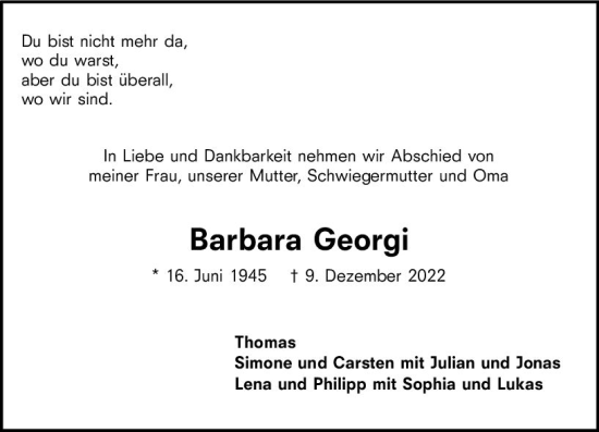 Traueranzeige von Barbara Georgi von vrm-trauer Darmstädter Echo