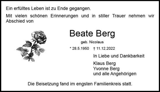 Traueranzeige von Beate Berg von vrm-trauer DieburgerAnzeiger/Groß-Zimmerner Lokala