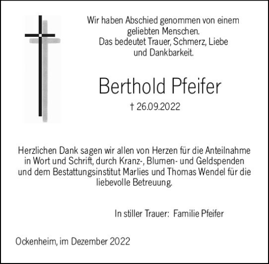 Traueranzeige von Berthold Pfeifer von vrm-trauer Allgemeine  Zeitung Ingelheim-Bingen