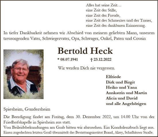 Traueranzeige von Bertold Heck von vrm-trauer Allgemeine Zeitung Alzey