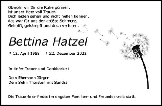 Traueranzeige von Bettina Hatzel von vrm-trauer Rüsselsheimer Echo / MainSpitze