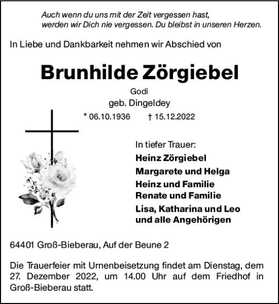 Traueranzeige von Brunhilde Zörgiebel von vrm-trauer Darmstädter Echo