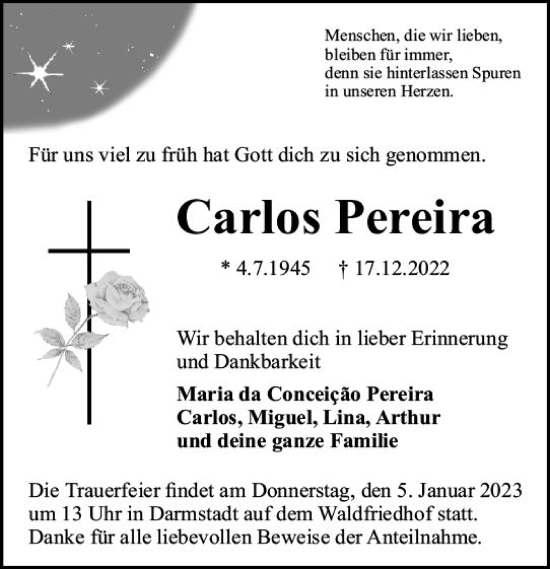 Traueranzeige von Carlos Pereira von vrm-trauer Darmstädter Echo