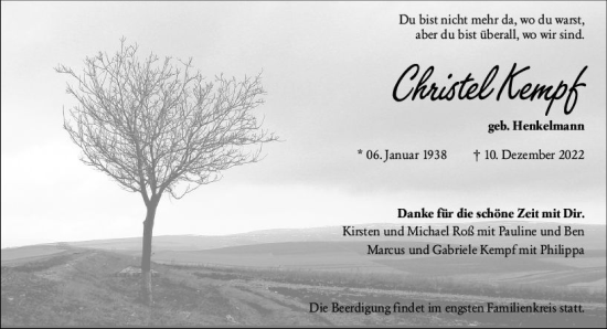 Traueranzeige von Christel Kempf von vrm-trauer Darmstädter Echo