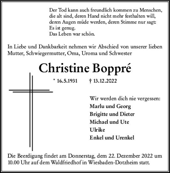 Traueranzeige von Christine Boppre von vrm-trauer Wiesbadener Kurier