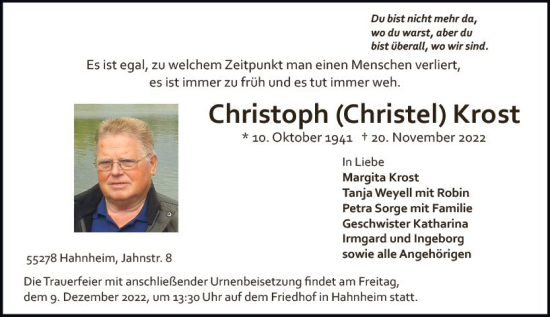 Traueranzeige von Christoph Krost von vrm-trauer AZ Mainz