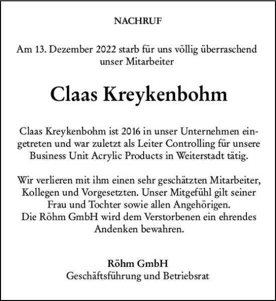 Traueranzeige von Claas Kreykenbohm von vrm-trauer DieburgerAnzeiger/Groß-Zimmerner Lokala