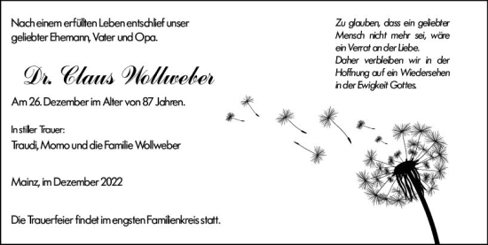 Traueranzeige von Claus Wollweber von vrm-trauer AZ Mainz