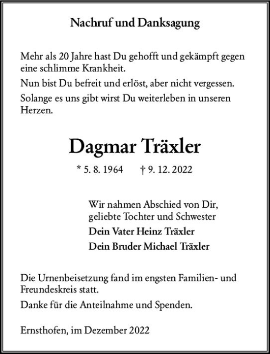 Traueranzeige von Dagmar Träxler von vrm-trauer Darmstädter Echo