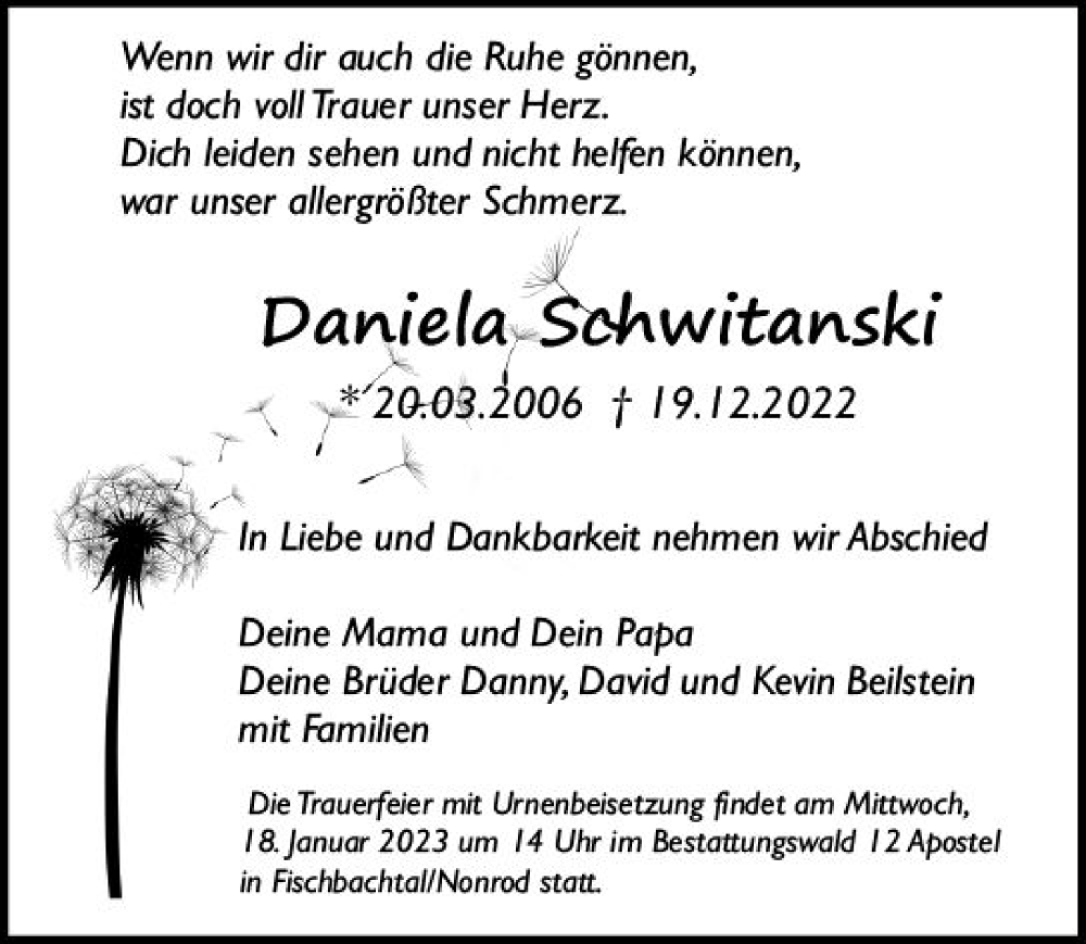  Traueranzeige für Daniela Schwitanski vom 24.12.2022 aus vrm-trauer Darmstädter Echo