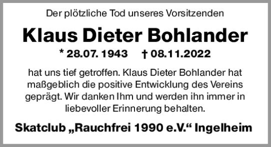 Traueranzeige von Dieter Bohlander von vrm-trauer Allgemeine  Zeitung Ingelheim-Bingen