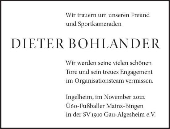 Traueranzeige von Dieter Bohlander von vrm-trauer Allgemeine  Zeitung Ingelheim-Bingen