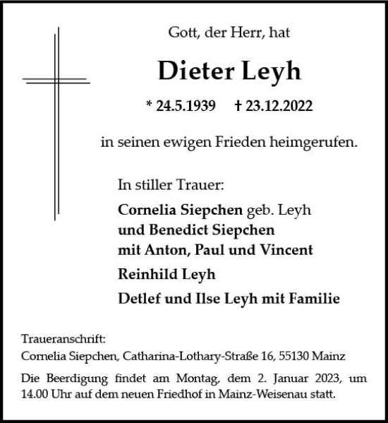 Traueranzeige von Dieter Leyh von vrm-trauer AZ Mainz