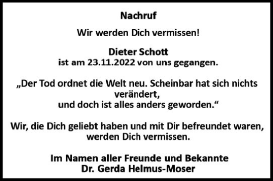 Traueranzeige von Dieter Schott von vrm-trauer Bürstädter/Lamperth. Ztg/Starkenburger
