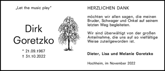 Traueranzeige von Dirk Goretzko von vrm-trauer Hochheimer Zeitung