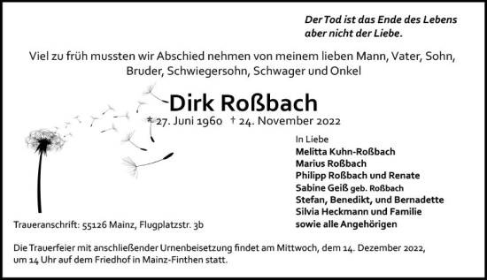 Traueranzeige von Dirk Roßbach von vrm-trauer AZ Mainz
