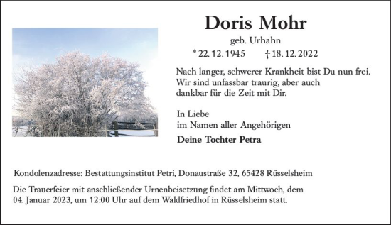 Traueranzeige von Doris Mohr von vrm-trauer Rüsselsheimer Echo / MainSpitze