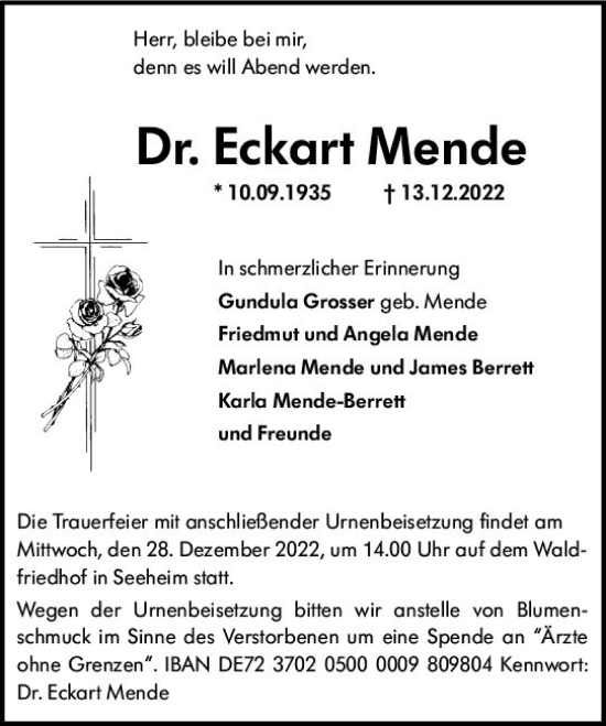 Traueranzeige von Eckard Mende von vrm-trauer Darmstädter Echo