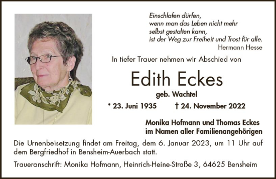 Traueranzeige von Edith Eckes von vrm-trauer Darmstädter Echo