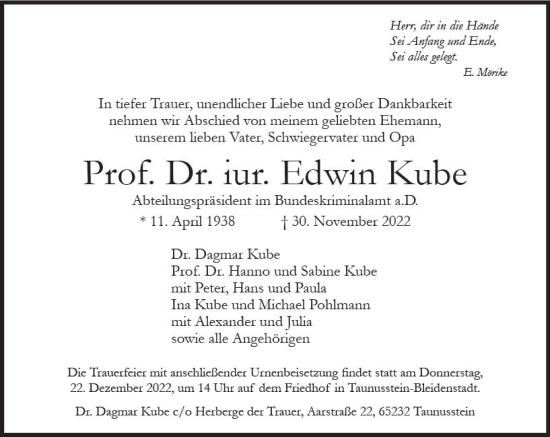 Traueranzeige von Edwin Kube von vrm-trauer Wiesbadener Kurier