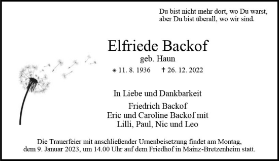 Traueranzeige von Elfriede Backof von vrm-trauer AZ Mainz
