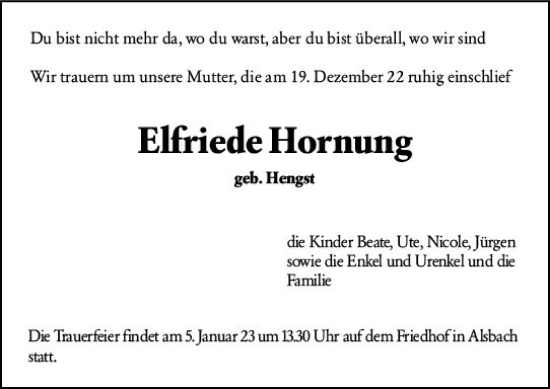 Traueranzeige von Elfriede Hornung von vrm-trauer Darmstädter Echo