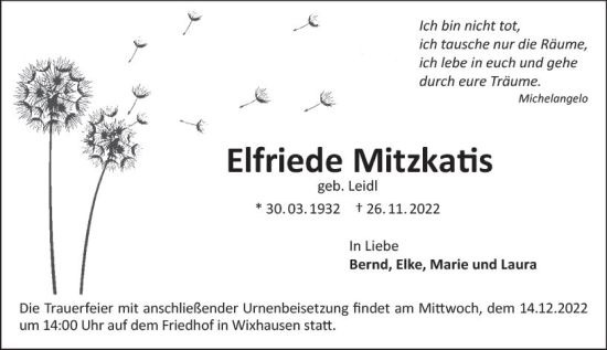 Traueranzeige von Elfriede Mitzkatis von vrm-trauer Darmstädter Echo