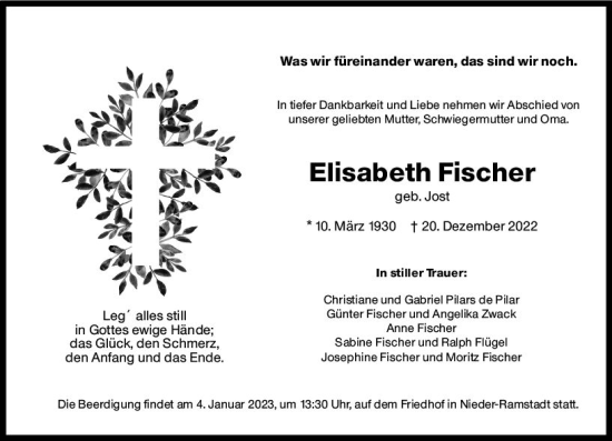 Traueranzeige von Elisabeth Fischer von vrm-trauer Darmstädter Echo