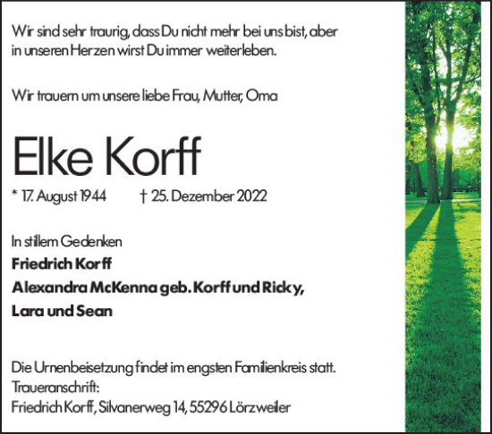 Traueranzeige von Elke Korff von vrm-trauer Allgemeine  Zeitung Ingelheim-Bingen