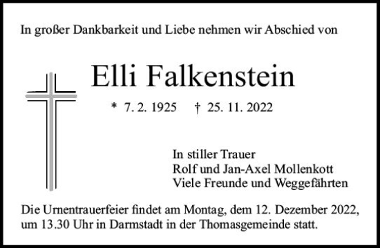 Traueranzeige von Elli Falkenstein von vrm-trauer Darmstädter Echo