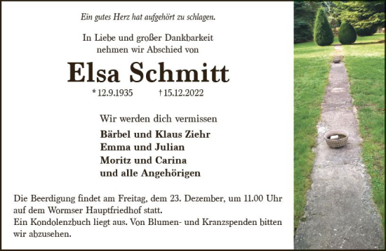Traueranzeige von Elsa Schmitt von vrm-trauer Wormser Zeitung