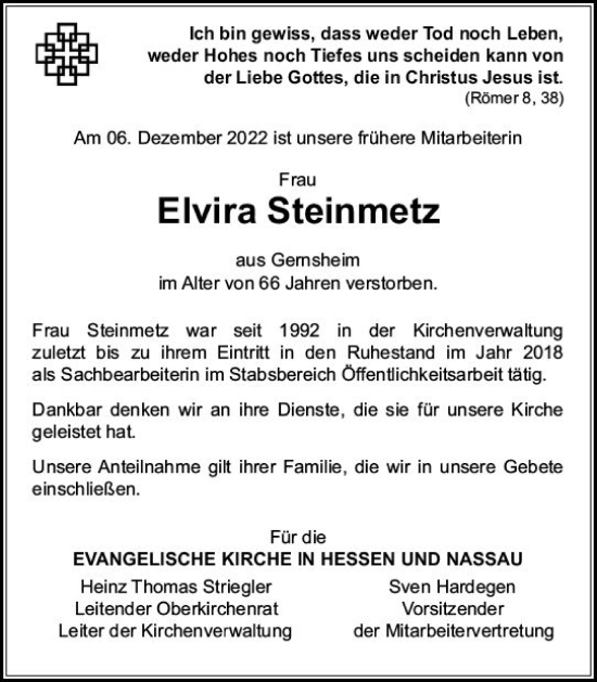 Traueranzeige von Elvira Steinmetz von vrm-trauer Darmstädter Echo