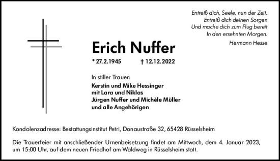 Traueranzeige von Erich Nuffer von vrm-trauer Rüsselsheimer Echo / MainSpitze